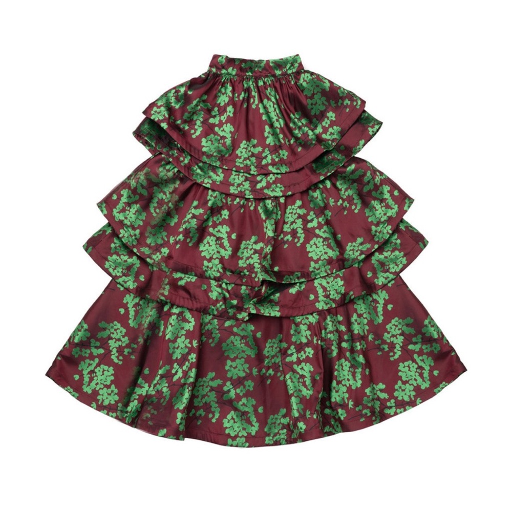 Tiered Maxi Skirt in Burgundy with Green Floral Print